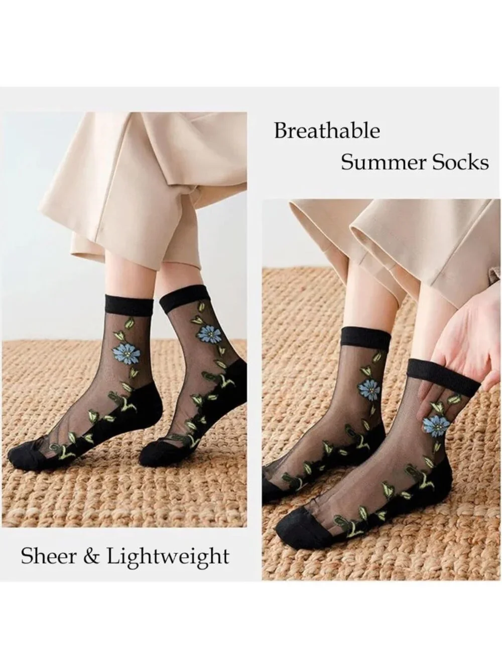 Sheer Mesh Transparent Ankle Socks for Women - Ultra-Thin Lace Fishnet Floral